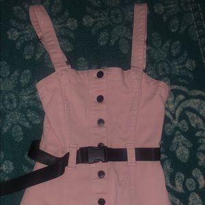 pink overall button up dress